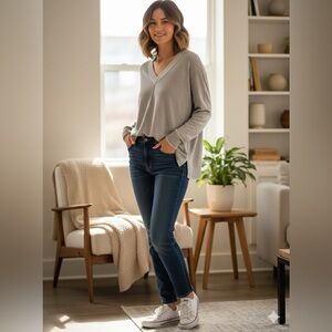 LANDS’ END 100% Cotton Women’s Grey Vee Neck Long Sleeve Sweater Unisex US Sz S